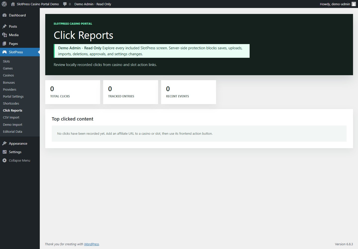 SlotPress click reports with local totals and tracked entries
