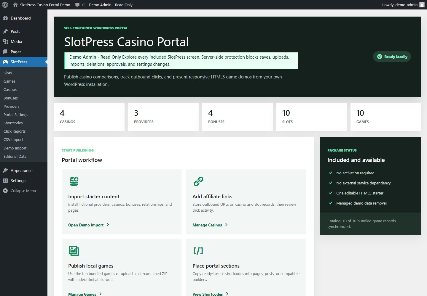 SlotPress dashboard showing content totals, workflow shortcuts, and package status