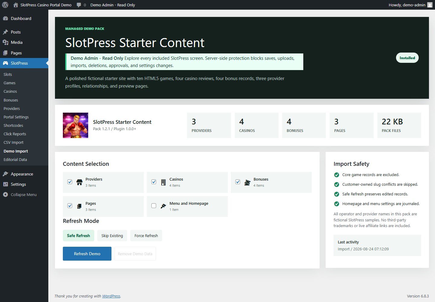 SlotPress managed demo importer with content selection, refresh modes, and import safety notes