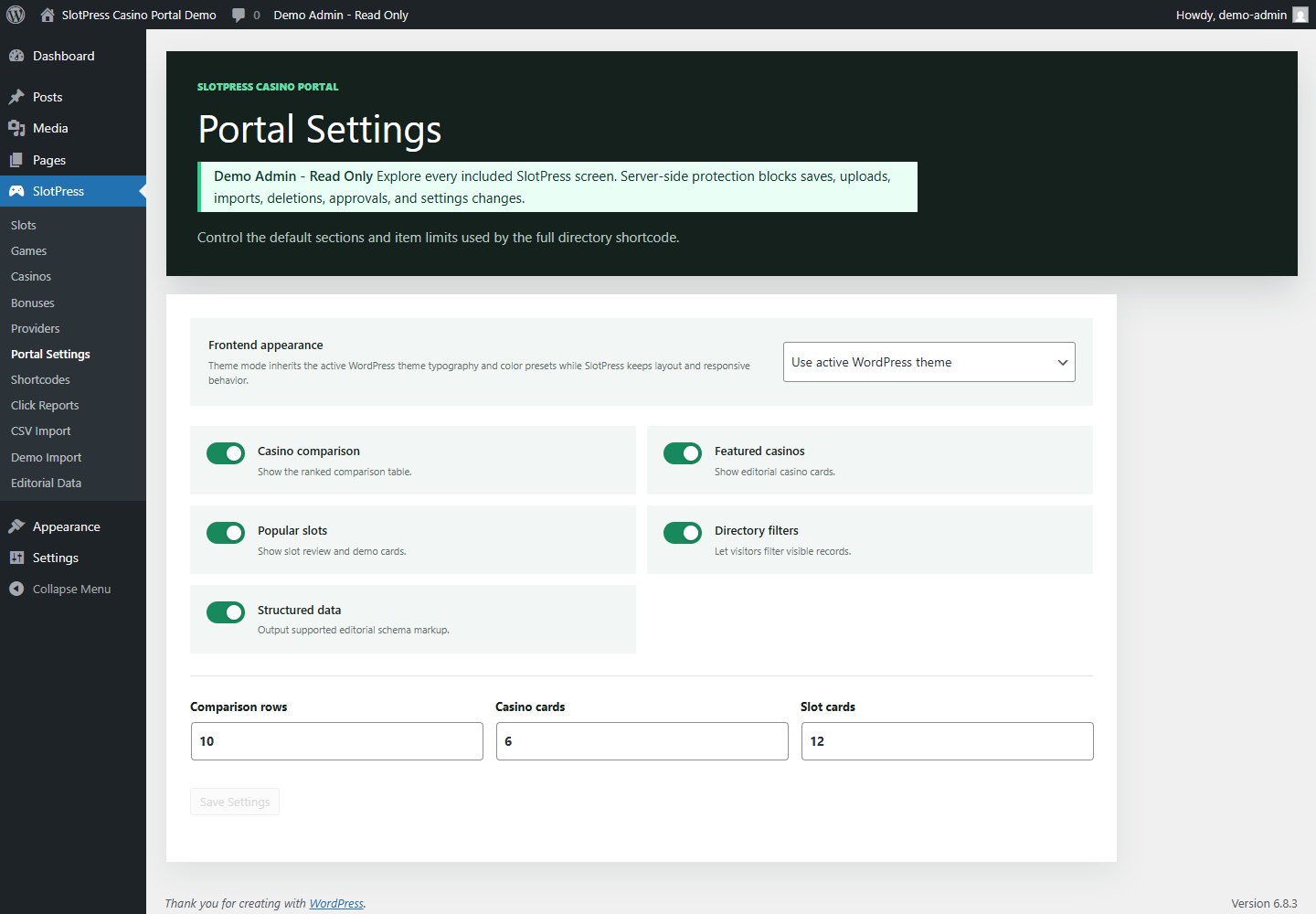 SlotPress portal settings showing the appearance selector, section toggles, and item limits